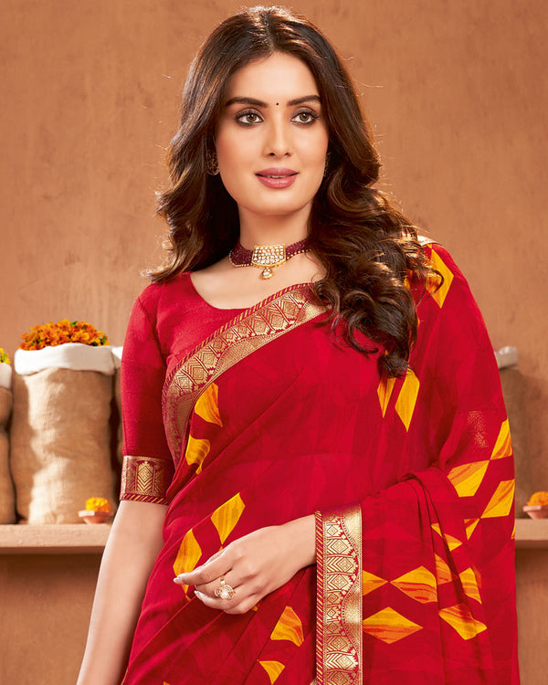 Vishal Prints Cherry Red Printed Georgette Saree With Border