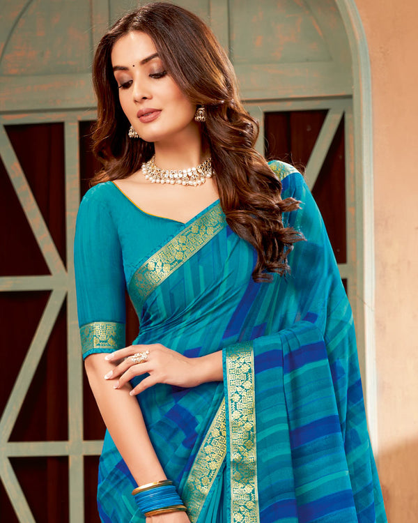 Vishal Prints Teal Blue Printed Georgette Saree With Border