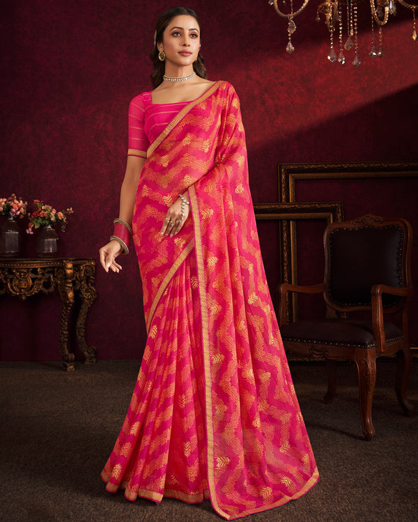 Vishal Prints Red Pink Fancy Chiffon Saree With Foil Print And Zari Border