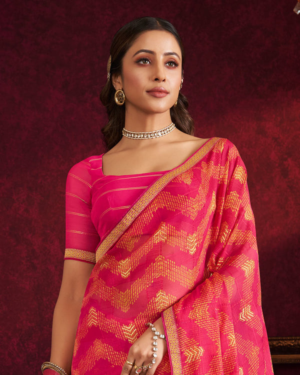 Vishal Prints Red Pink Fancy Chiffon Saree With Foil Print And Zari Border