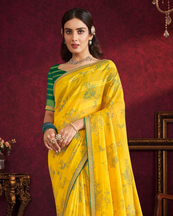 Vishal Prints Golden Yellow Fancy Chiffon Saree With Foil Print And Zari Border