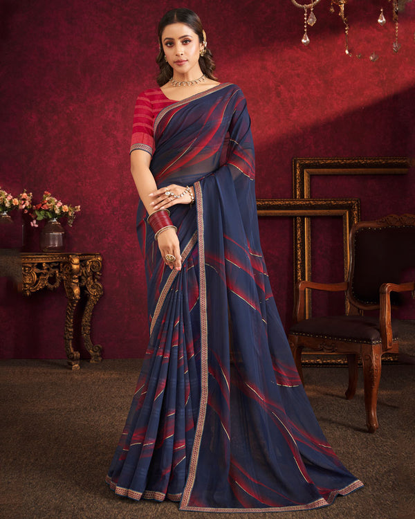 Vishal Prints Navy Blue Fancy Chiffon Saree With Foil Print And Zari Border