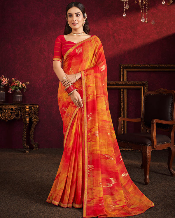 Vishal Prints Red Fancy Chiffon Saree With Foil Print And Zari Border