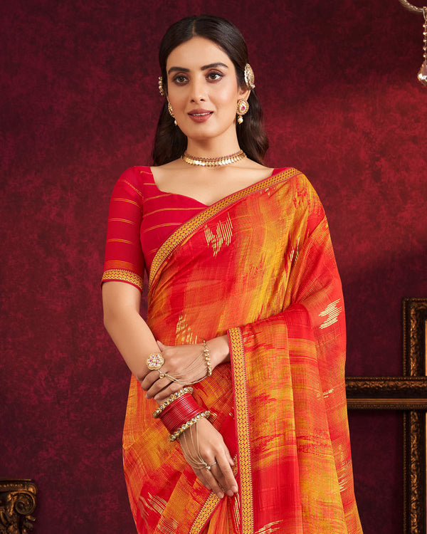 Vishal Prints Red Fancy Chiffon Saree With Foil Print And Zari Border