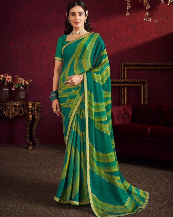 Vishal Prints Rama Green Fancy Chiffon Saree With Foil Print And Zari Border