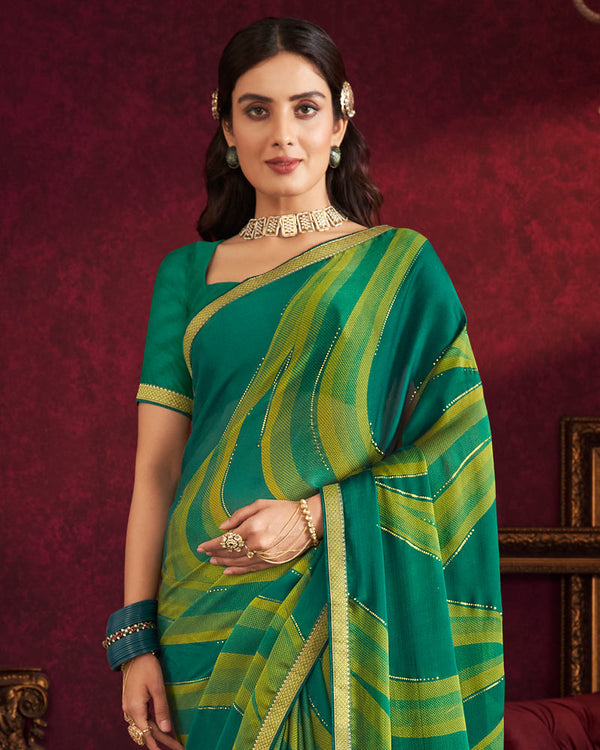 Vishal Prints Rama Green Fancy Chiffon Saree With Foil Print And Zari Border