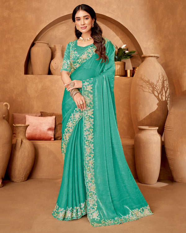 Vishal Prints Aqua Green Designer Crushed Chiffon Saree With Embroidery-Diamond Work And Cut Work Fancy Border