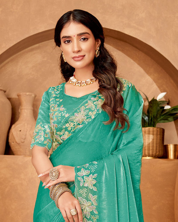 Vishal Prints Aqua Green Designer Crushed Chiffon Saree With Embroidery-Diamond Work And Cut Work Fancy Border