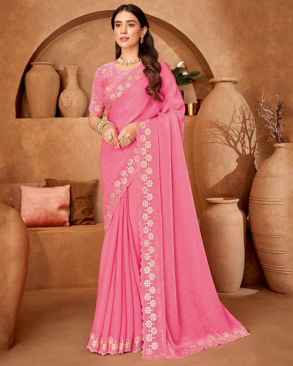 Vishal Prints Blush Pink Designer Crushed Chiffon Saree With Embroidery-Diamond Work And Cut Work Fancy Border