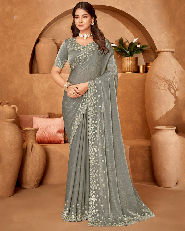 Vishal Prints Charcoal Grey Designer Crushed Chiffon Saree With Embroidery-Diamond Work And Cut Work Fancy Border