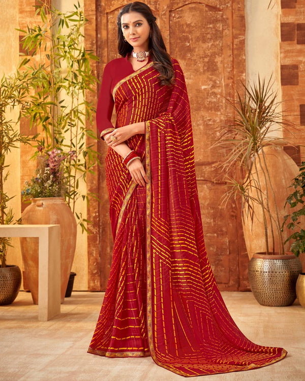 Vishal Prints Dark Red Printed Patterned Georgette Saree With Fancy Border