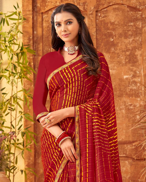 Vishal Prints Dark Red Printed Patterned Georgette Saree With Fancy Border