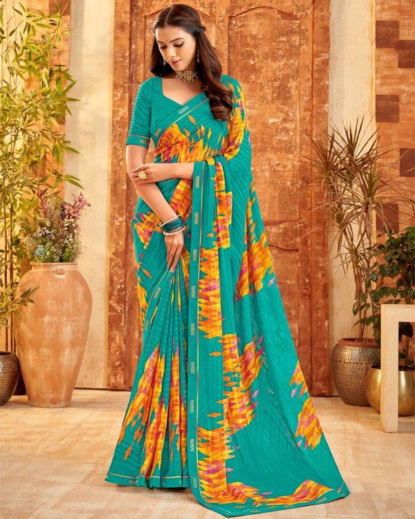 Vishal Prints Teal Blue Printed Patterned Georgette Saree With Fancy Border