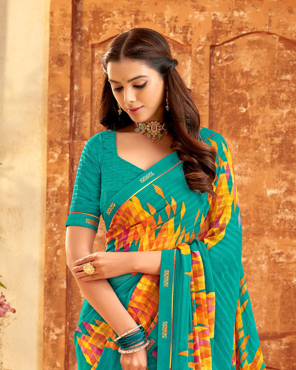 Vishal Prints Teal Blue Printed Patterned Georgette Saree With Fancy Border