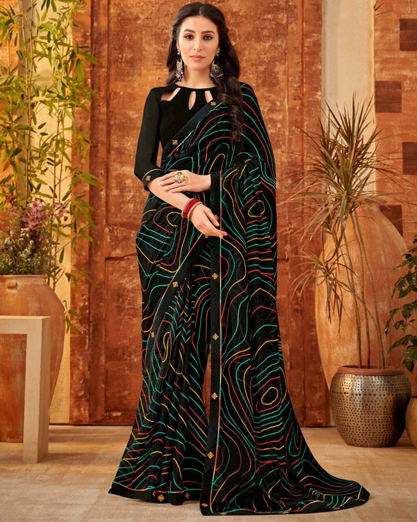 Vishal Prints Black Printed Patterned Georgette Saree With Fancy Border