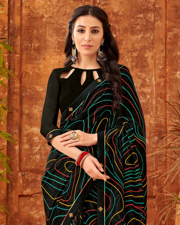 Vishal Prints Black Printed Patterned Georgette Saree With Fancy Border