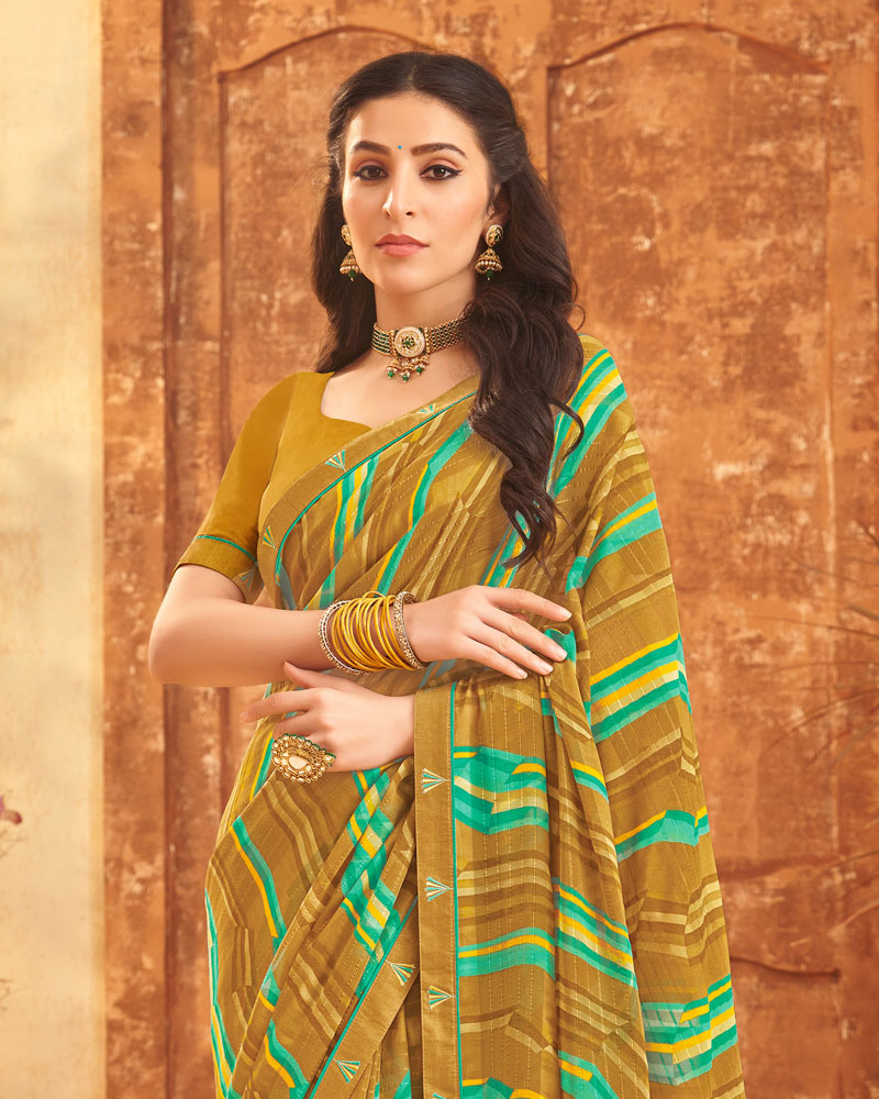 Vishal Prints Hawaiian Tan Printed Patterned Georgette Saree With Fancy Border