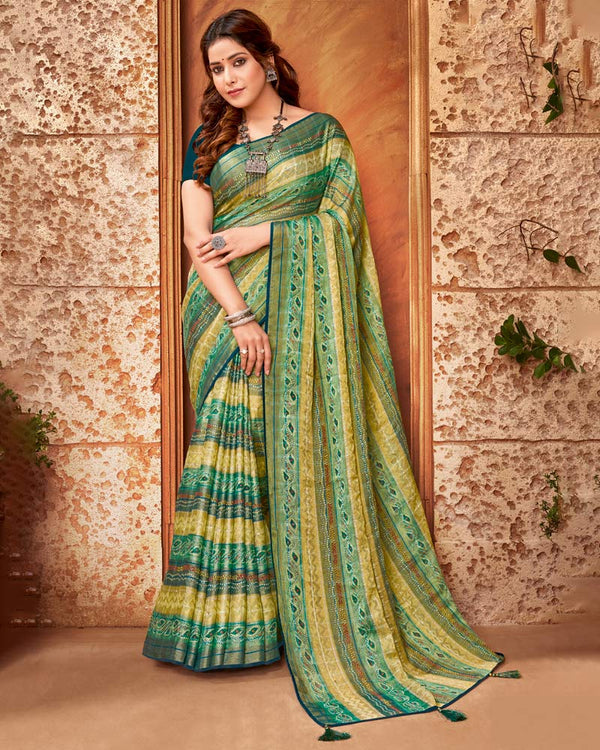 Vishal Prints Teal Green Brasso Digital Print Saree With Tassel