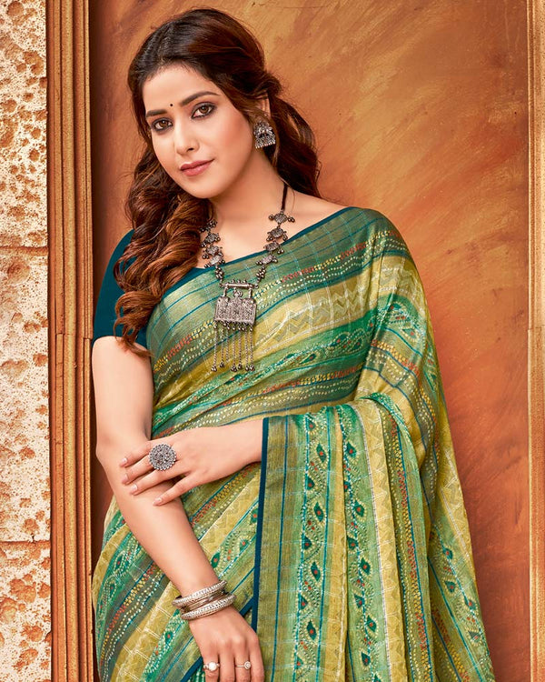 Vishal Prints Teal Green Brasso Digital Print Saree With Tassel