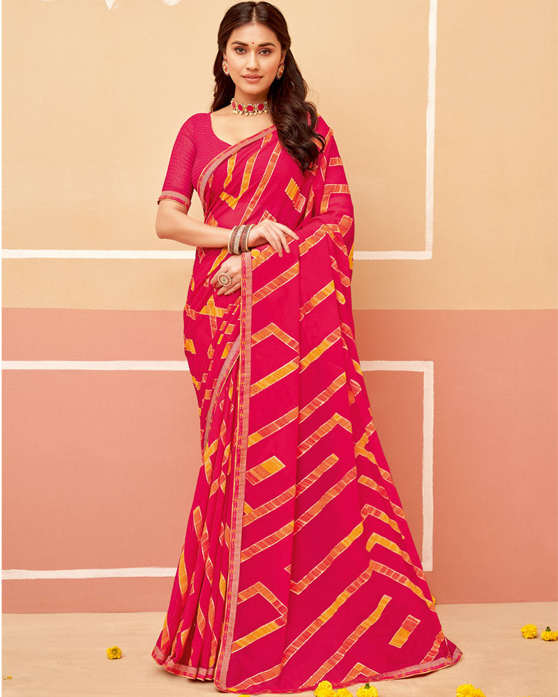 Vishal Prints Red Pink Printed Georgette Saree With Foil Print And Fancy Border