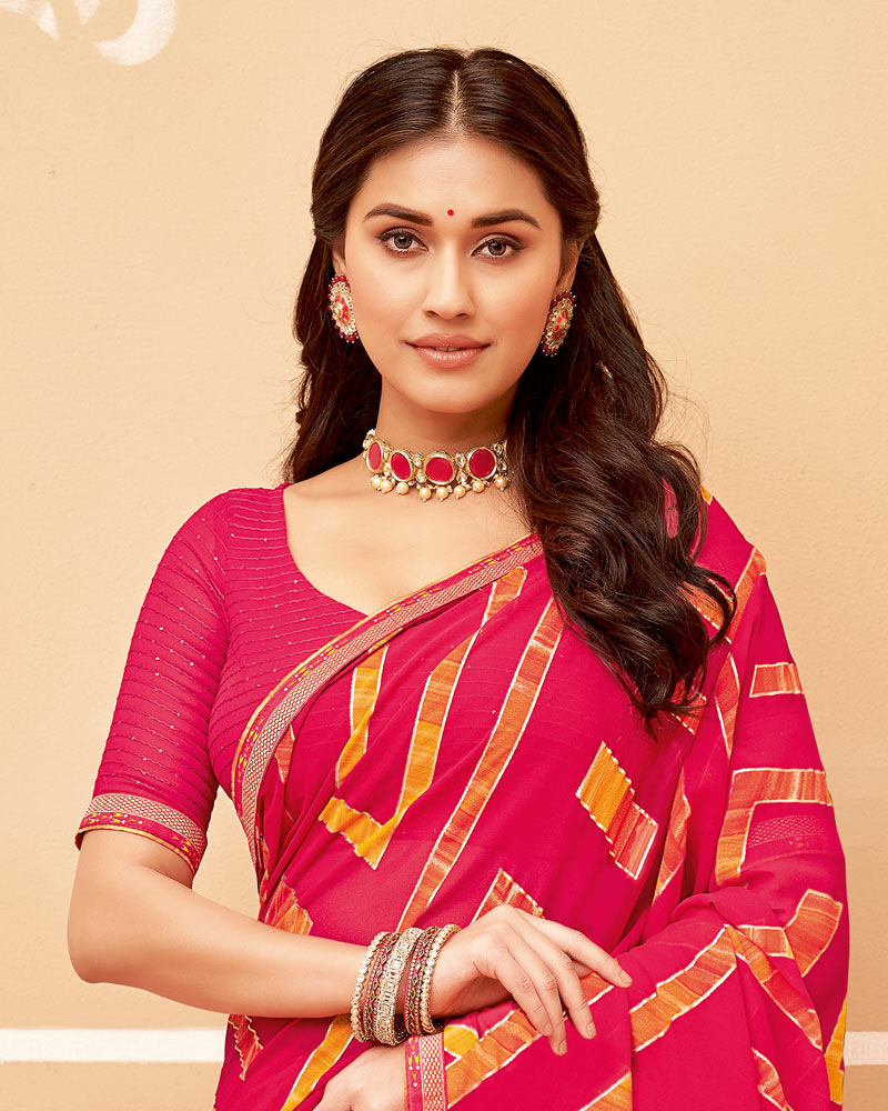 Vishal Prints Red Pink Printed Georgette Saree With Foil Print And Fancy Border