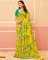 Vishal Prints Dark Yellow Printed Georgette Saree With Foil Print And Fancy Border