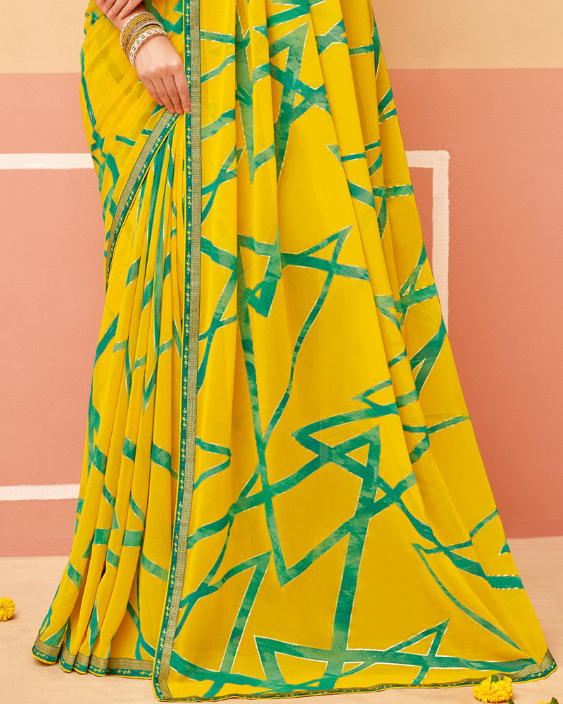 Vishal Prints Dark Yellow Printed Georgette Saree With Foil Print And Fancy Border