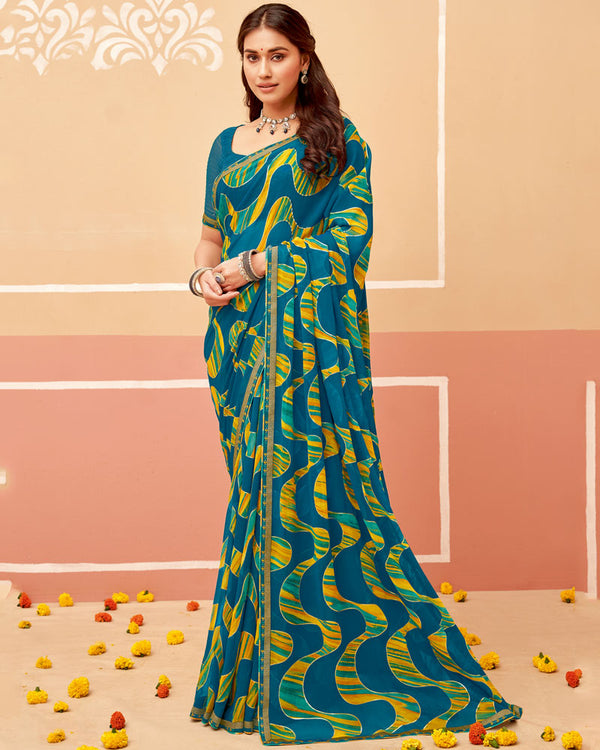 Vishal Prints Peacock Blue Printed Georgette Saree With Foil Print And Fancy Border