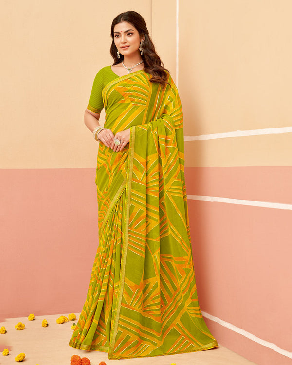 Vishal Prints Olive Yellow Printed Georgette Saree With Foil Print And Fancy Border