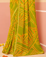 Vishal Prints Olive Yellow Printed Georgette Saree With Foil Print And Fancy Border