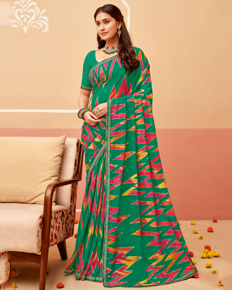 Vishal Prints Dark Sea Green Printed Georgette Saree With Foil Print And Fancy Border