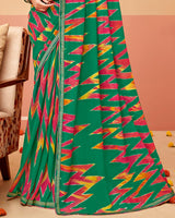 Vishal Prints Dark Sea Green Printed Georgette Saree With Foil Print And Fancy Border