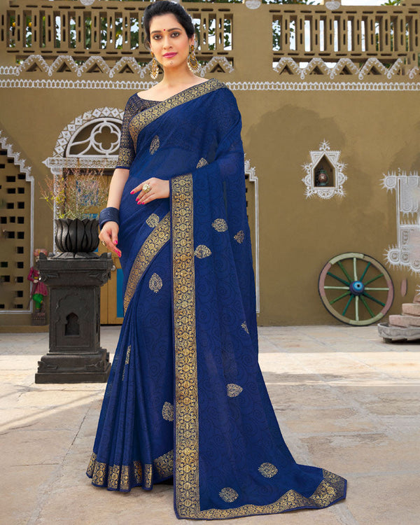 Vishal Prints Blue Chiffon Saree With Foil Print And Zari Border