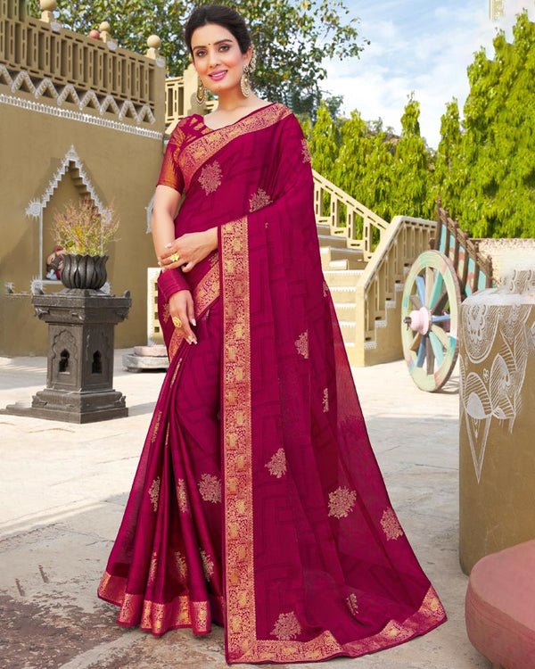 Vishal Prints Wine Chiffon Saree With Foil Print And Zari Border