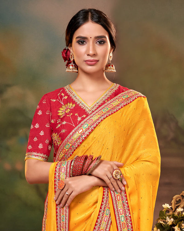 Vishal Prints Dark Yellow Fancy Chiffon Saree With Diamond Work And Designer Zari Border