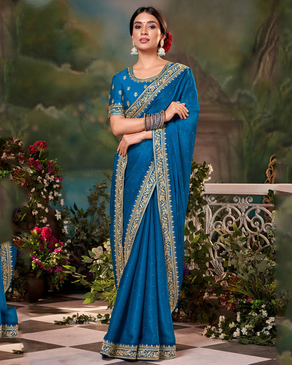 Vishal Prints Bahama Blue Fancy Chiffon Saree With Diamond Work And Designer Zari Border