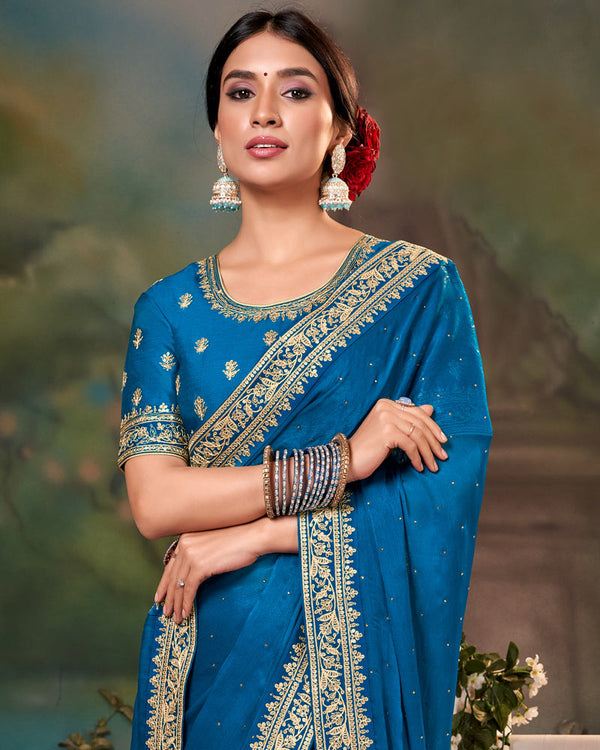 Vishal Prints Bahama Blue Fancy Chiffon Saree With Diamond Work And Designer Zari Border