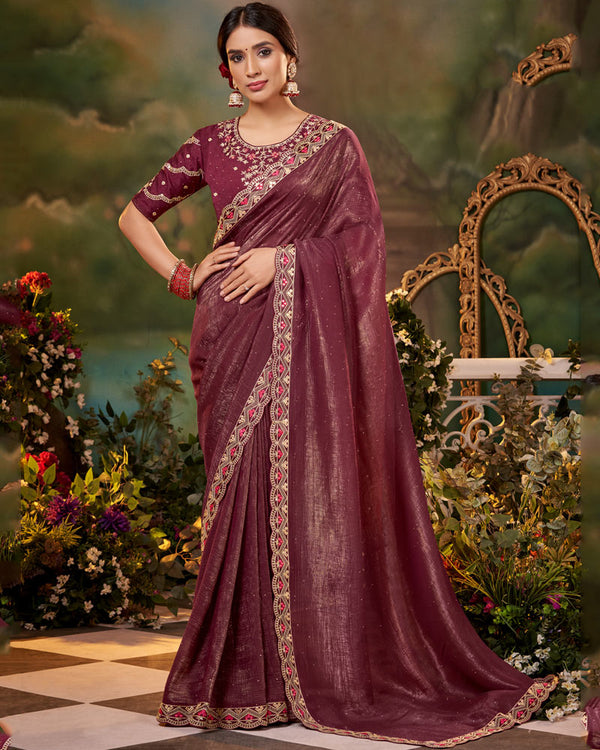 Vishal Prints Tawny Port Maroon Fancy Chiffon Saree With Diamond Work And Designer Zari Border