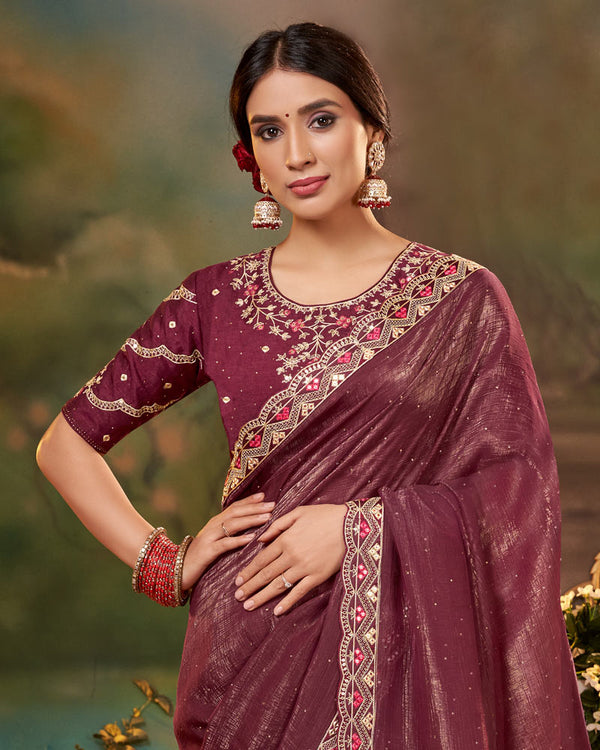 Vishal Prints Tawny Port Maroon Fancy Chiffon Saree With Diamond Work And Designer Zari Border