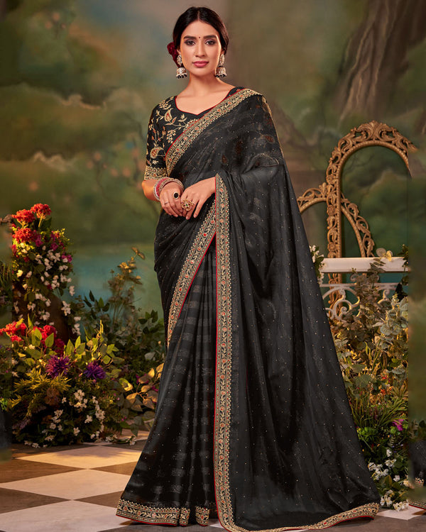 Vishal Prints Mine Shaft Grey Fancy Chiffon Saree With Diamond Work And Designer Zari Border