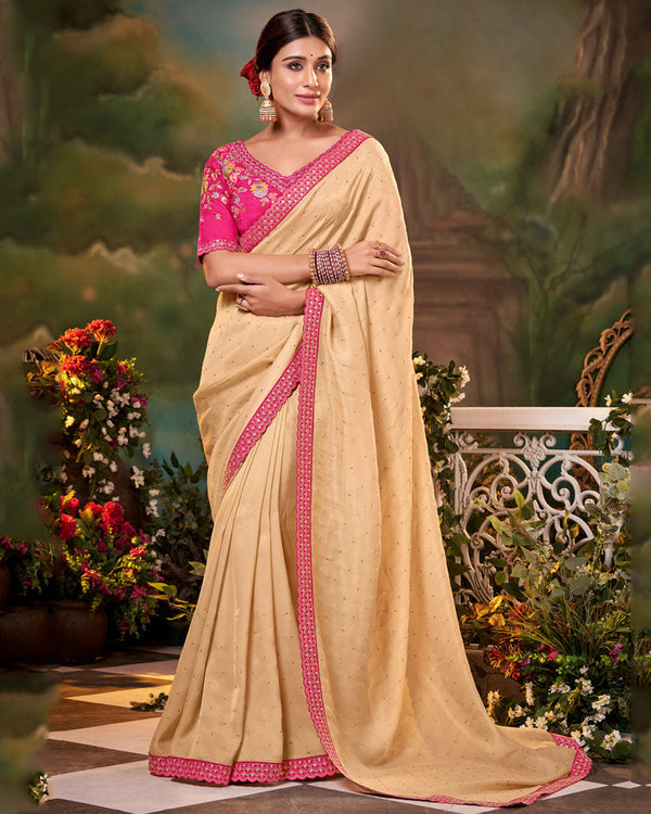 Vishal Prints Gold Sand Fancy Chiffon Saree With Diamond Work And Designer Zari Border