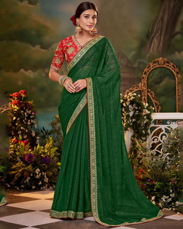 Vishal Prints Bottle Green Fancy Chiffon Saree With Diamond Work And Designer Zari Border