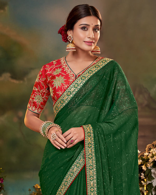 Vishal Prints Bottle Green Fancy Chiffon Saree With Diamond Work And Designer Zari Border