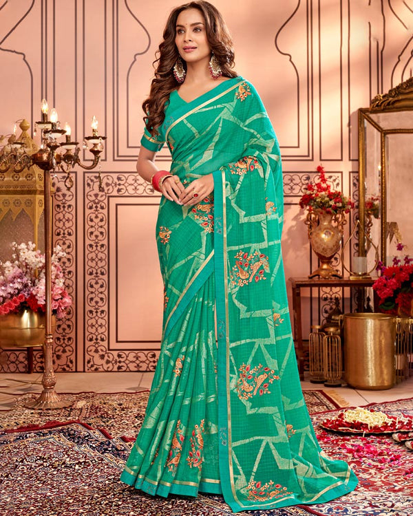 Vishal Prints Aqua Green Designer Brasso Saree With Embroidery Work And Fancy Border