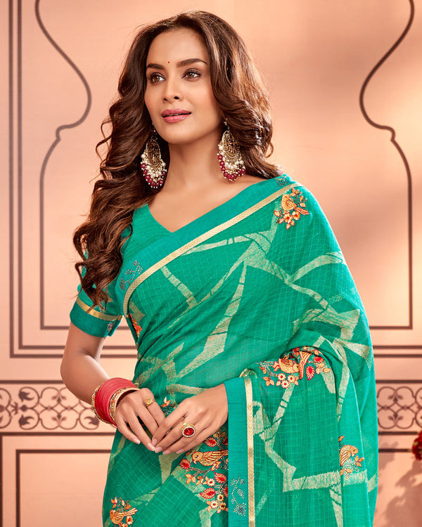 Vishal Prints Aqua Green Designer Brasso Saree With Embroidery Work And Fancy Border