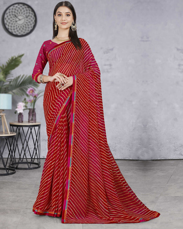 Vishal Prints Dark Red Georgette Lehriya Print Saree With Fancy Border