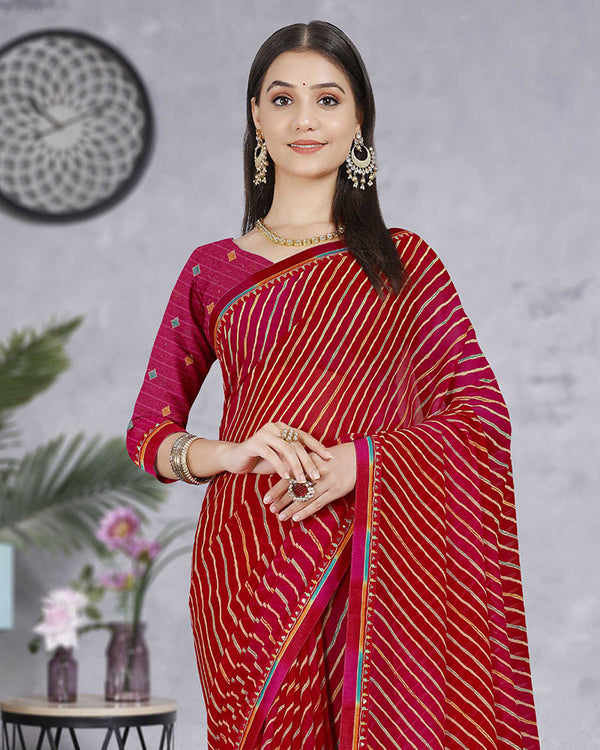 Vishal Prints Dark Red Georgette Lehriya Print Saree With Fancy Border