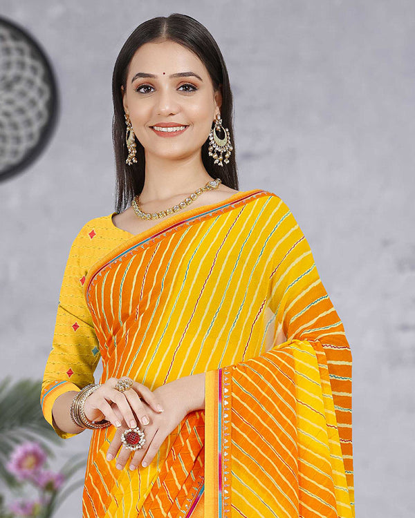 Vishal Prints Dark Yellow Georgette Lehriya Print Saree With Fancy Border