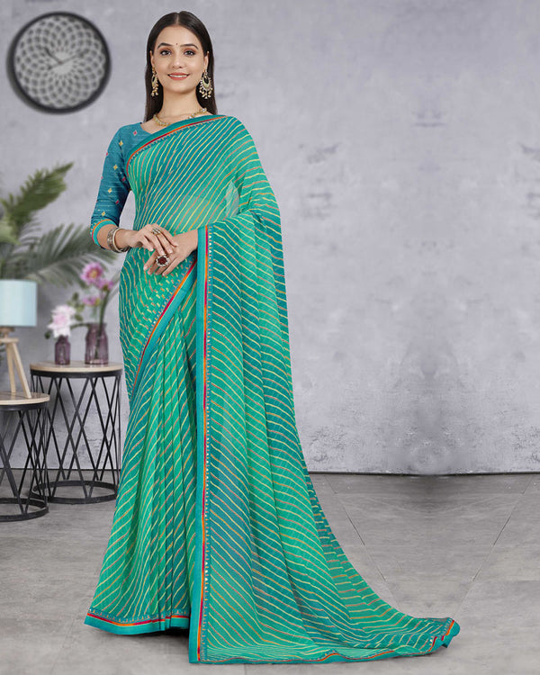 Vishal Prints Teal Green Georgette Lehriya Print Saree With Fancy Border