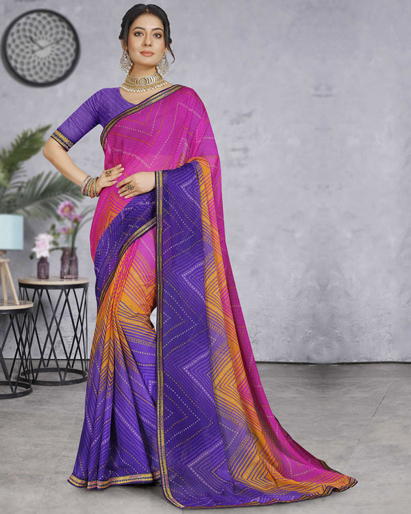 Vishal Prints Fuchsia Chiffon Lehriya Print Saree With Fancy Border